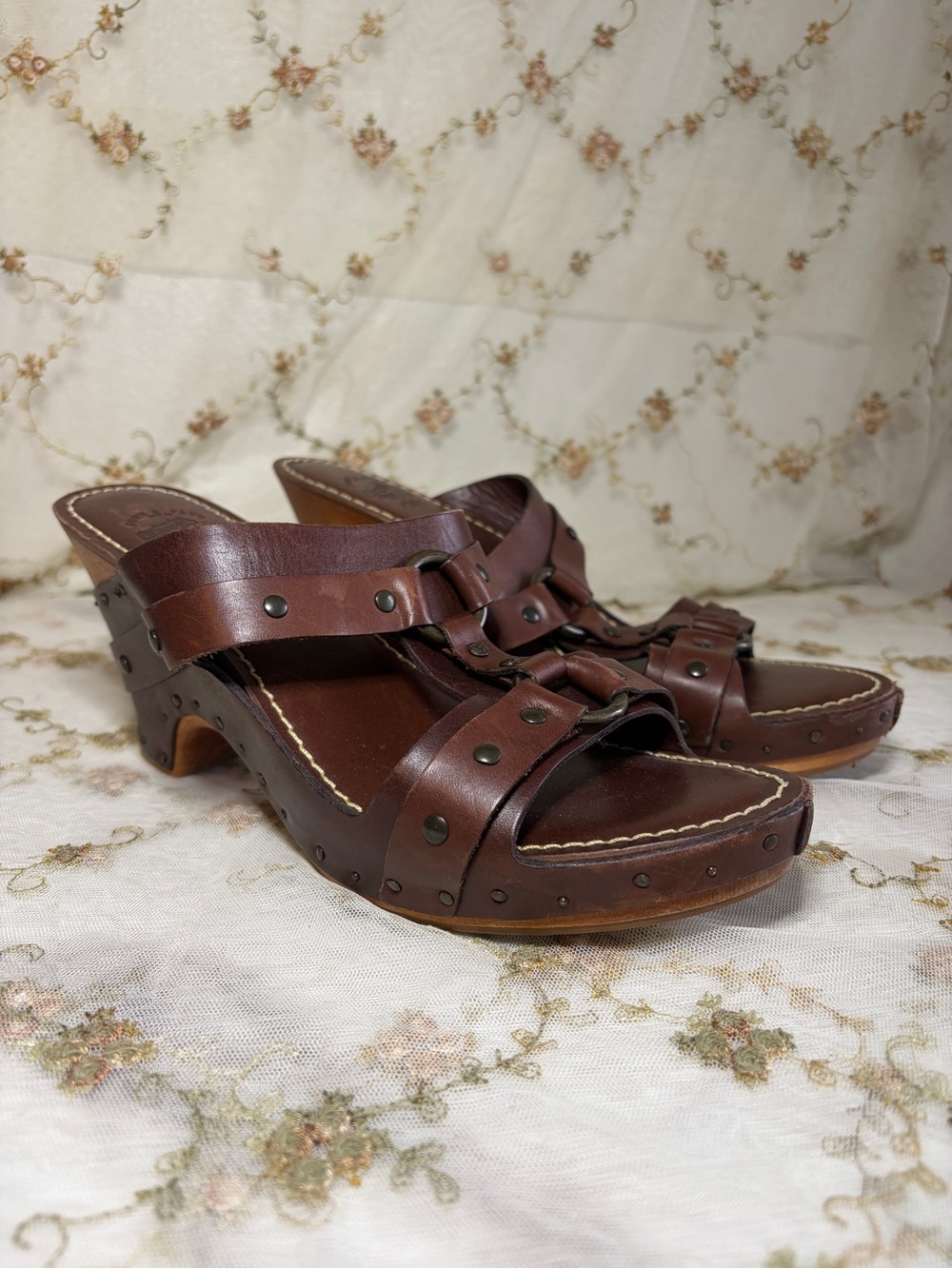 Frye Brown Leather Studded Slide Clogs